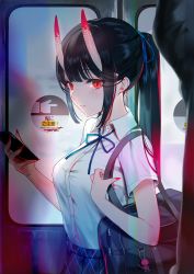 Rule 34 | 1girl, absurdres, bag, black hair, blue ribbon, carrying, cellphone, cellphone strap, closed mouth, commentary, day, dress shirt, fingernails, hair ribbon, highres, holding, holding phone, horns, long fingernails, long hair, looking at viewer, nail polish, neck ribbon, nekoyashiki pushio, oni, oni horns, original, phone, ponytail, red eyes, red horns, red nails, ribbon, school bag, sharp fingernails, shirt, short sleeves, sidelocks, slit pupils, smartphone, solo focus, train interior, translated, very long fingernails, wing collar