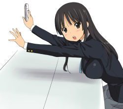 Rule 34 | 1girl, a1 (initial-g), akiyama mio, black eyes, black hair, breast rest, breasts, handheld game console, k-on!, large breasts, long hair, looking at viewer, open mouth, playstation portable, product placement, school uniform, solo