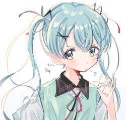 Rule 34 | 1girl, aqua eyes, aqua hair, bad id, bad twitter id, blush, dated, hair ornament, hatsune miku, looking at viewer, ok sign, short sleeves, simple background, solo, sweater vest, twintails, upper body, vocaloid, white background, x hair ornament, yalmyu