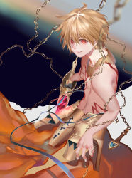 Rule 34 | 1boy, absurdres, armor, black gloves, blonde hair, blurry, blurry foreground, body markings, chain, child gilgamesh (fate), earrings, fate/grand order, fate (series), fingernails, gilgamesh (fate), gloves, glowing, glowing weapon, hair between eyes, highres, holding, holding lance, holding polearm, holding weapon, jewelry, lance, male focus, navel, necklace, niza, parted lips, polearm, red eyes, topless male, single glove, smile, solo, teeth, weapon