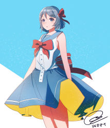 Rule 34 | 1girl, :o, absurdres, aqua background, artist name, artist request, back bow, bare shoulders, blue eyes, blue skirt, blush, bow, buttons, collarbone, deozt, dress, female focus, grey hair, hair bow, highres, light brown hair, looking at viewer, love live!, love live! school idol festival, love live! sunshine!!, red bow, sailor collar, sailor dress, shirt, short hair, skirt, solo, watanabe you, white shirt