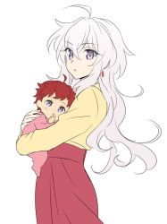 Rule 34 | 1boy, 1girl, ahoge, baby, carrying, earrings, if they mated, jewelry, lanlanlap, light purple hair, long sleeves, mother and son, aged up, purple eyes, red hair, senki zesshou symphogear, senki zesshou symphogear xd unlimited, white background, yukine chris