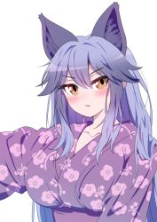 Rule 34 | 1girl, alternate costume, animal ears, blush, breasts, brown eyes, collarbone, covered erect nipples, dress, eyelashes, female focus, floral print, fox ears, fox girl, highres, japanese clothes, kemono friends, kimono, large breasts, long hair, mamiyama, open mouth, pink dress, purple hair, silver fox (kemono friends), simple background, solo, upper body, v-shaped eyebrows, white background
