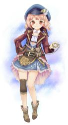 Rule 34 | 1girl, absurdres, bad id, bad twitter id, bag, belt, belt buckle, black belt, blue dress, blue hat, blush, boots, brown footwear, buckle, cabbie hat, chain, closed mouth, collar, commentary request, dress, full body, hand on own hip, hat, highres, jacket, light brown hair, long sleeves, open clothes, open jacket, original, pocket watch, red eyes, red jacket, roman numeral, satchel, sekira ame, smile, solo, standing, watch, white background, white collar, wing collar