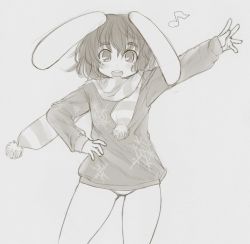 Rule 34 | 1girl, animal ears, arm up, blush stickers, female focus, hand on own hip, inaba tewi, kasuga yukihito, monochrome, musical note, no pants, open mouth, panties, rabbit ears, scarf, short hair, sketch, smile, solo, striped clothes, striped scarf, touhou, underwear