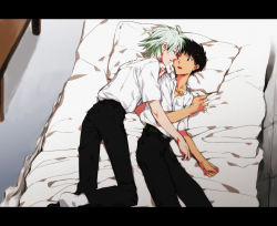 Rule 34 | 2boys, bad id, bad pixiv id, bed, black hair, eye contact, from above, hand on shoulder, hosaka dx, ikari shinji, imminent kiss, letterboxed, looking at another, lying, male focus, multiple boys, nagisa kaworu, neon genesis evangelion, pillow, school uniform, surprised, white hair, yaoi
