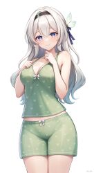 Rule 34 | 1girl, absurdres, alternate costume, bare arms, bare shoulders, black hairband, blush, breasts, cleavage, closed mouth, commentary, english commentary, firefly (honkai: star rail), gradient eyes, green shirt, green shorts, grey hair, hair ornament, hairband, hands on own chest, heart, heart print, highres, honkai: star rail, honkai (series), long hair, looking at viewer, medium breasts, midriff peek, multicolored eyes, narijade, pajamas, purple eyes, shirt, shorts, simple background, smile, solo, white background