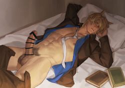 Rule 34 | 1boy, abs, aixiwuganda (20222192), animal ears, arknights, bar censor, black pants, black suit, blonde hair, blue shirt, book, censored, erection, formal, head on hand, highres, horse boy, horse ears, looking at viewer, male focus, mlynar (arknights), muscular, muscular male, necktie, no male underwear, on bed, pants, pectorals, penis, pillow, pubic hair, shirt, suit, testicles, undone necktie, white necktie
