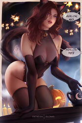 Rule 34 | 1girl, all fours, animal ears, bare shoulders, bell, black gloves, black leotard, black thighhighs, breasts, brown hair, candle, cat ears, cat tail, cleavage, cup, elbow gloves, gloves, halloween, highleg, highleg leotard, jack-o&#039;-lantern, large breasts, leotard, lips, long hair, mole, mole under mouth, mug, neck bell, olchas, open mouth, original, purple eyes, see-through, see-through cleavage, solo, speech bubble, tail, thighhighs, wavy hair