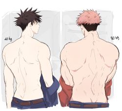 Rule 34 | 2boys, absurdres, back, belt, black hair, from behind, fushiguro megumi, green eyes, highres, itadori yuuji, jujutsu kaisen, looking at another, male focus, multicolored hair, multiple boys, muscular, muscular male, pants, pink hair, short hair, size comparison, somwang 07, spiked hair, toned, toned male, topless male, two-tone hair, undressing