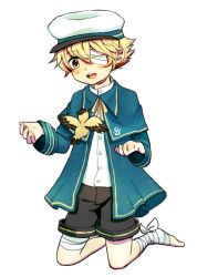 Rule 34 | 1boy, bandages, bandage over one eye, barefoot, bird, blonde hair, blush, coat, eyepatch, hat, kneeling, male focus, oliver (vocaloid), open mouth, sailor hat, short hair, shorts, smile, solo, vocaloid, wolfoxy, yellow eyes