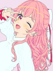 Rule 34 | 1girl, absurdres, aida takanobu, blush, bow, dress, fang, hair bow, half updo, heart, heart in eye, highres, long hair, long sleeves, looking at viewer, momoi airi, open mouth, pink eyes, pink hair, project sekai, skin fang, solo, symbol in eye, upper body, v over eye, w, white bow, white dress, zozotown