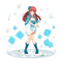 Rule 34 | 1girl, blue flower, blue footwear, boots, breasts, capelet, cleavage, dress, floating hair, flower, full body, hair flower, hair ornament, hydrangea, long hair, looking at viewer, pointy ears, rain (sao), red eyes, red hair, rubber boots, short dress, smile, solo, standing, sword art online, transparent background, very long hair, wet, wet clothes, wet dress, white dress
