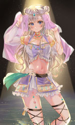 Rule 34 | 1girl, absurdres, blonde hair, blue eyes, choker, circlet, commentary request, dancer, detached sleeves, highres, jewelry, long hair, looking at viewer, midriff, navel, original, partially submerged, see-through, smile, solo, user cjpg7353, veil, wading, water