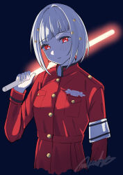 Rule 34 | 1girl, absurdres, asymmetrical bangs, blue background, blush, bob cut, breast pocket, colored inner hair, dress, glowing, glowstick, hair ornament, highres, holding glowstick, link! like! love live!, long sleeves, looking at viewer, love live!, masami atabe, multicolored hair, parted lips, penlight (glowstick), pocket, red dress, red eyes, red hair, ryouran! victory road (love live!), short hair, signature, solo, star (symbol), star hair ornament, upper body, white hair, yugiri tsuzuri