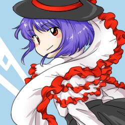 Rule 34 | 1girl, black hat, black skirt, blue hair, blush stickers, closed mouth, frilled shawl, frills, hat, long sleeves, lowres, nagae iku, nonamejd, official style, red eyes, shawl, shirt, short hair, skirt, smile, solo, touhou, white shirt, zun (style)