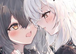 Rule 34 | 2girls, after kiss, arknights, black hair, blush, brown eyes, close-up, eye contact, eyelashes, hair between eyes, highres, holding hands, interlocked fingers, lappland (arknights), long hair, looking at another, mifuji (fujisan 1933331), multiple girls, open mouth, orange eyes, saliva, saliva trail, scar, scar across eye, scar on face, signature, tears, texas (arknights), tongue, tongue out, upper body, white hair, yuri