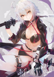 Rule 34 | 1girl, absurdres, ahoge, bana (stand flower), bikini, black bikini, black gloves, black jacket, breasts, choker, cleavage, cropped jacket, fate/grand order, fate (series), gloves, grin, highres, jacket, jeanne d&#039;arc alter (swimsuit berserker) (fate), jeanne d&#039;arc (fate), jeanne d&#039;arc alter (fate), jeanne d&#039;arc alter (swimsuit berserker) (fate), katana, large breasts, long hair, long sleeves, looking at viewer, navel, o-ring, o-ring bikini, red thighhighs, shrug (clothing), silver hair, single thighhigh, sitting, smile, solo, swimsuit, sword, thigh strap, thighhighs, thighs, very long hair, weapon, yellow eyes
