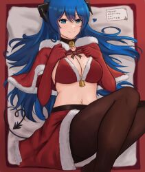 Rule 34 | 1girl, arknights, bell, bikini, black pantyhose, blue eyes, blue hair, breasts, capelet, christmas, cleavage, demon horns, demon tail, elbow gloves, fangs (fangs art), fur-trimmed capelet, fur trim, gloves, horns, large breasts, long hair, mostima (arknights), navel, neck bell, pantyhose, red skirt, santa bikini, skirt, smile, solo, swimsuit, tail, translation request