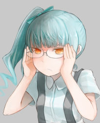 Rule 34 | &gt;:(, 10s, 1girl, aqua hair, bad id, bad pixiv id, bespectacled, bow, collared shirt, comah, frown, glasses, grey background, hair bow, kantai collection, kasumi (kancolle), long hair, orange eyes, shirt, short sleeves, side ponytail, simple background, solo, suspenders, v-shaped eyebrows