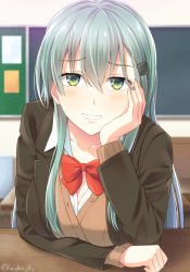 Rule 34 | 10s, 1girl, aqua hair, arm rest, bow, bowtie, breasts, brown jacket, cardigan, classroom, collarbone, green eyes, grin, hair between eyes, hair ornament, hairclip, hand on own cheek, hand on own face, indoors, jacket, kanden sky, kantai collection, large breasts, leaning forward, long hair, long sleeves, looking at viewer, school, school uniform, smile, solo, suzuya (kancolle), twitter username