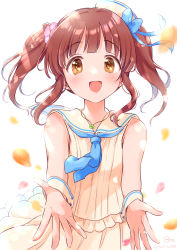 Rule 34 | 1girl, :d, blooming days (idolmaster), blue neckerchief, blunt bangs, blurry, blurry foreground, blush, brown hair, clover, dress, falling petals, flower, flower necklace, foreshortening, hair flower, hair ornament, hat, highres, idol, idolmaster, idolmaster cinderella girls, jewelry, looking at viewer, mini hat, mitsuyahachiko, neckerchief, necklace, ogata chieri, open mouth, petals, reaching, reaching towards viewer, sailor dress, sailor hat, simple background, sleeveless, sleeveless dress, smile, solo, twintails, upper body, wrist cuffs