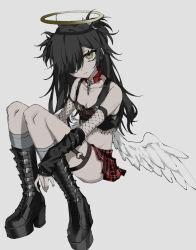 Rule 34 | 1girl, bare shoulders, black hair, boots, breasts, cleavage, collar, detached sleeves, elbow gloves, feathered wings, fishnet gloves, fishnets, gloves, grey socks, hair ornament, hair over one eye, halo, highres, kneehighs, long hair, looking at viewer, midriff, niku (fjs 1018), original, sitting, skirt, small breasts, socks, solo, two side up, white wings, wings, yellow eyes