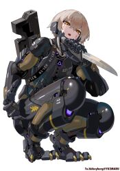 Rule 34 | 1girl, absurdres, armor, clothes writing, cyborg, english text, gun, gun on back, highres, knife, mecha musume, mechanical arms, mechanical ears, mechanical parts, open mouth, original, science fiction, short hair, simple background, squatting, weapon, weapon on back, white background, yellow eyes, yunimaru