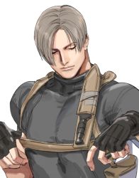 Rule 34 | 1boy, adjusting strap, black gloves, brown hair, chest harness, closed eyes, closed mouth, fingerless gloves, gloves, grey shirt, harness, high collar, leon s. kennedy, male focus, parted bangs, resident evil, resident evil 4, resident evil 4 (remake), shirt, short hair, short sleeves, solo, tatsumi (psmhbpiuczn), tight clothes, tight shirt, toned, toned male, upper body, white background