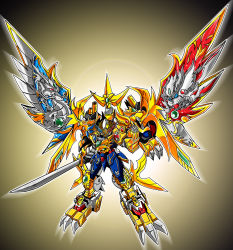 Rule 34 | arm up, armor, artist request, cannon, claws, clenched hand, commentary, full body, g gundam, glowing, glowing eyes, god gundam, gold armor, green eyes, gundam, haruzedan, highres, holding, holding sword, holding weapon, horns, katana, large wings, mecha, mechanization, musha godmaru, no humans, no pupils, robot, sd gundam, sd gundam sangokuden, sd sengokuden, shoulder cannon, single horn, solo, standing, super robot, sword, tagme, weapon, wings