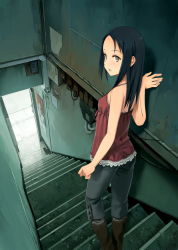 Rule 34 | 1girl, against wall, bad perspective, bare shoulders, black hair, boots, camisole, capri pants, female focus, grey eyes, halterneck, knee boots, leaning, long hair, looking at viewer, looking back, open mouth, original, pants, parted bangs, perspective, solo, stairs, standing, yoshida seiji