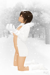Rule 34 | 1girl, 3d, acerbi, bad id, bad pixiv id, boots, kneeling, mittens, navel, nude, snow, solo, uncensored