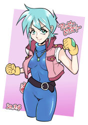 Rule 34 | 1girl, allenby beardsley, belt, blue bodysuit, blue hair, bodysuit, breasts, clenched hands, commentary, covered navel, dated, g gundam, gloves, green eyes, gundam, highres, impossible bodysuit, impossible clothes, jacket, jewelry, looking at viewer, medium breasts, necklace, saika (pixiv43370196), short hair, skin tight, smile, solo, translation request, yellow gloves