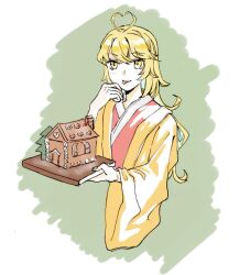 Rule 34 | 1other, :p, androgynous, antenna hair, ascot, blonde hair, closed mouth, fingernails, gingerbread house, green background, hair down, haori, heart, heart antenna hair, heart in eye, holding, holding tray, jacket, japanese clothes, jishixingle1029, kimono, len&#039;en, licking, licking finger, light blush, long hair, long sleeves, looking at viewer, ooama no ake no mitori, open clothes, open jacket, other focus, red kimono, simple background, smile, solo, symbol in eye, tongue, tongue out, tray, two-tone background, upper body, white background, wide sleeves, yellow ascot, yellow eyes, yellow sleeves