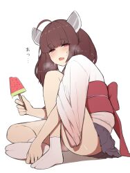 Rule 34 | 1girl, ahoge, back bow, black skirt, blade, blunt bangs, blush, bow, breath, brown hair, commentary request, food, from side, full body, half-closed eyes, hand up, headgear, highres, holding, holding food, holding popsicle, hot, japanese clothes, kimono, knee up, long hair, looking at viewer, looking to the side, miniskirt, obi, obijime, open mouth, popsicle, pul paca, red bow, red eyes, sash, short kimono, simple background, sitting, skirt, solo, sweat, tabi, touhoku kiritan, translation request, twintails, voiceroid, watermelon bar, white background, white kimono, wide sleeves