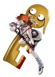 Rule 34 | a.b.a, absurdres, arc system works, bags under eyes, bandages, blood, chain, fingerless gloves, gloves, green eyes, guilty gear, hair ornament, hair over one eye, highres, homunculus, key in head, object through head, pale skin, paracelsus (guilty gear), red hair, short hair, solo