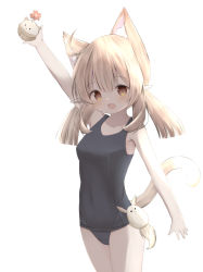Rule 34 | 1girl, :d, ahoge, animal ears, bare arms, bare shoulders, black one-piece swimsuit, blonde hair, blush, breasts, brown eyes, cat ears, cat girl, cat tail, collarbone, commentary request, covered navel, flower, genshin impact, hair between eyes, highres, holding, kemonomimi mode, klee (genshin impact), long hair, looking at viewer, low twintails, old school swimsuit, one-piece swimsuit, open mouth, pointy ears, red flower, risu (ritharte), school swimsuit, simple background, small breasts, smile, solo, standing, swimsuit, tail, twintails, white background