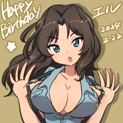 Rule 34 | 1girl, aoshidan school uniform, black hair, blue eyes, blue shirt, breasts, brown background, character name, cleavage, collared shirt, commentary, dark-skinned female, dark skin, dated, ehirorotoon, el (girls und panzer), english text, girls und panzer, hair intakes, happy birthday, highres, large breasts, long hair, looking at viewer, open mouth, school uniform, shadow, shirt, solo, suspenders, suspenders pull, translated