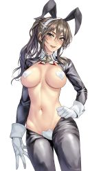 Rule 34 | 1girl, adapted costume, animal ears, ashigara (kancolle), black jacket, black pants, breasts, brown eyes, brown hair, cleavage, commission, detached collar, gloves, hair between eyes, hand on own hip, heart pasties, highres, jacket, kantai collection, kokuzou, large breasts, long hair, long sleeves, looking at viewer, meme attire, navel, pants, pasties, ponytail, rabbit ears, reverse bunnysuit, reverse outfit, sidelocks, simple background, skeb commission, smile, solo, upper body, white background, white gloves