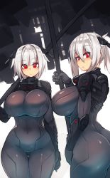 Rule 34 | 2girls, absurdres, ass, blunt bangs, blush, bodysuit, breasts, closed mouth, commentary, covered navel, cowboy shot, curvy, eyes visible through hair, gluteal fold, grey bodysuit, hair between eyes, headgear, highres, holding, huge breasts, looking at viewer, multiple girls, original, red eyes, short hair, skin tight, standing, sub-res, thigh gap, thighs, white background, white hair, wide hips