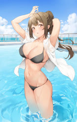 Rule 34 | 1girl, absurdres, ahoge, arm behind head, armpit peek, armpits, arms up, bad id, bad pixiv id, bikini, black bikini, breasts, brown eyes, brown hair, cleavage, collarbone, commentary request, day, groin, halterneck, highres, idolmaster, idolmaster shiny colors, kiro (kirotayu), kuwayama chiyuki, large breasts, long hair, looking at viewer, navel, open clothes, open shirt, outdoors, parted lips, ponytail, pool, see-through, shirt, short sleeves, sidelocks, solo, standing, stomach, string bikini, swimsuit, thighs, wading, water, wet, wet clothes, wet shirt, white shirt