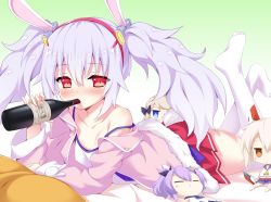 Rule 34 | 1girl, animal ears, ayanami (azur lane), azur lane, bed sheet, blue eyes, bottle, brown eyes, camisole, character doll, collarbone, commentary request, drinking, fur-trimmed jacket, fur trim, hair between eyes, hair ornament, hairband, headgear, highres, holding, holding bottle, jacket, javelin (azur lane), laffey (azur lane), legs up, light brown hair, long hair, long sleeves, lying, no shoes, off shoulder, on stomach, open clothes, open jacket, pillow, pink jacket, pleated skirt, purple hair, rabbit ears, red eyes, red hairband, red skirt, silver hair, skirt, soles, solo, strap slip, taira takehiro, thighhighs, twintails, very long hair, white camisole, white thighhighs, z23 (azur lane)
