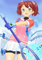Rule 34 | 1girl, absurdres, bike shorts, blush stickers, brown hair, butterfly net, gloves, green eyes, hair ribbon, hand net, highres, holding, jacket, long hair, looking at viewer, na (user pzgz2338), open mouth, ribbon, saru getchu, sayaka (saru getchu), short twintails, shorts, shorts under skirt, skirt, smile, solo, twintails, white skirt