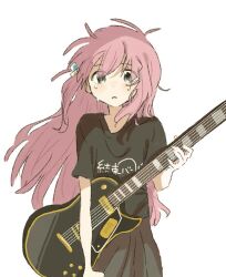 Rule 34 | 1girl, blue eyes, bocchi the rock!, cowboy shot, crying, crying with eyes open, cube hair ornament, electric guitar, gibson les paul, gotoh hitori, guitar, hair ornament, holding, holding instrument, instrument, kessoku band logo, kessoku band t-shirt, long hair, messy hair, neginegi, parted lips, pink hair, side ahoge, solo, tears, white background, wind