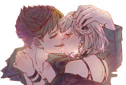 Rule 34 | 1boy, 1girl, alter ego malevolent (granblue fantasy), belial (granblue fantasy), black hair, bracelet, djeeta (granblue fantasy), french kiss, granblue fantasy, hair ornament, hand in another&#039;s hair, hetero, highres, jewelry, kiss, mokimi, official alternate costume, red eyes, simple background, tongue, tongue out, upper body, white background, white hair