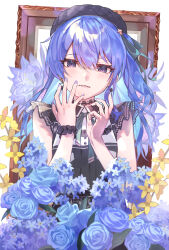 Rule 34 | 1girl, absurdres, beret, blue eyes, blue flower, blue hair, blue rose, blush, bow, bow earrings, choker, commentary, earrings, english commentary, eyelashes, flower, hair between eyes, hair ribbon, hat, highres, hololive, hoshimachi suisei, hoshimachi suisei (streetwear), jewelry, kouhiipan, lace, lace choker, long hair, looking at viewer, official alternate costume, official alternate hairstyle, one side up, picture frame, ribbon, rose, short sleeves, smile, solo, upper body, virtual youtuber, yellow flower