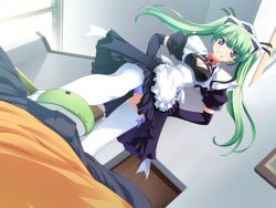 Rule 34 | 1boy, 1girl, blue eyes, breasts, cameltoe, cleavage, dutch angle, elbow gloves, emupii maid promotion master, footjob, from below, galette, gloves, green hair, grin, hands on own hips, hetero, homura yukine, indoors, light blush, maid, narrow waist, panties, pantyshot, penis, shoejob, slippers, small breasts, smile, tamahiyo, thighhighs, tsuchimochi riku, twintails, underwear, white thighhighs