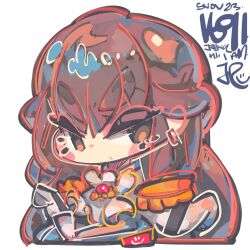 Rule 34 | 1girl, ascot, blue jacket, blush stickers, brown eyes, brown hair, chibi, dated, gloves, goddess of victory: nikke, jacket, jrpencil, long hair, marciana (nikke), signature, solo, white ascot, white gloves