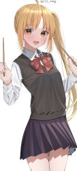 Rule 34 | :d, absurdres, ahoge, blonde hair, bocchi the rock!, bow, brown vest, cowboy shot, drumsticks, highres, holding, holding drumsticks, ijichi nijika, kawai ritsu (rits meg), long hair, long sleeves, looking at viewer, open mouth, pleated skirt, polka dot bowtie, red bow, school uniform, shirt, sidelocks, simple background, skirt, smile, standing, vest, white background, white shirt, yellow eyes