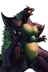 Rule 34 | alex alcanter, claws, crest, dinosaur, energy, glowing, glowing eyes, glowing mouth, godzilla, godzilla (series), highres, kaijuu, muscular, no humans, no pupils, open mouth, pectorals, roaring, sea monster, sharp teeth, shoulder spikes, simple background, spikes, super godzilla, super godzilla (game), teeth, toho, tusks, veins, white background